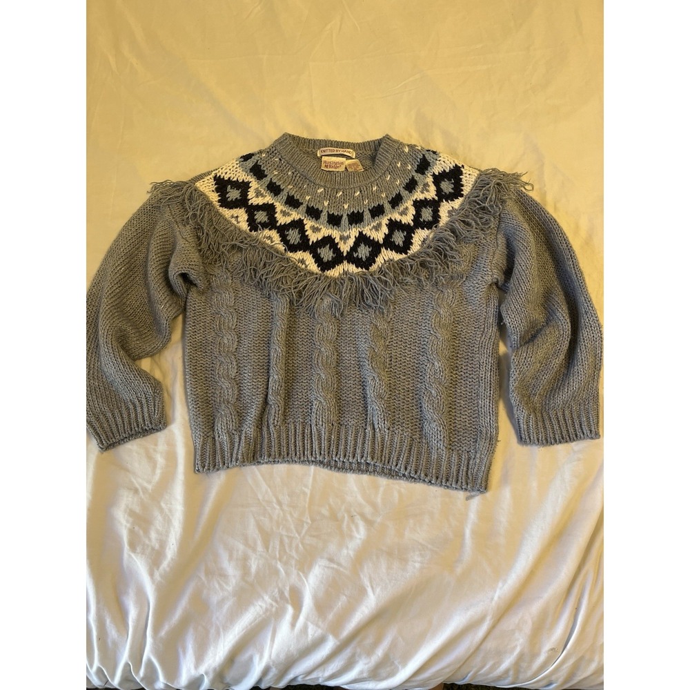 Huntington Ridge Vintage Hand Knitted Fringe Fair Isle Cable Sweater Blue Gray M